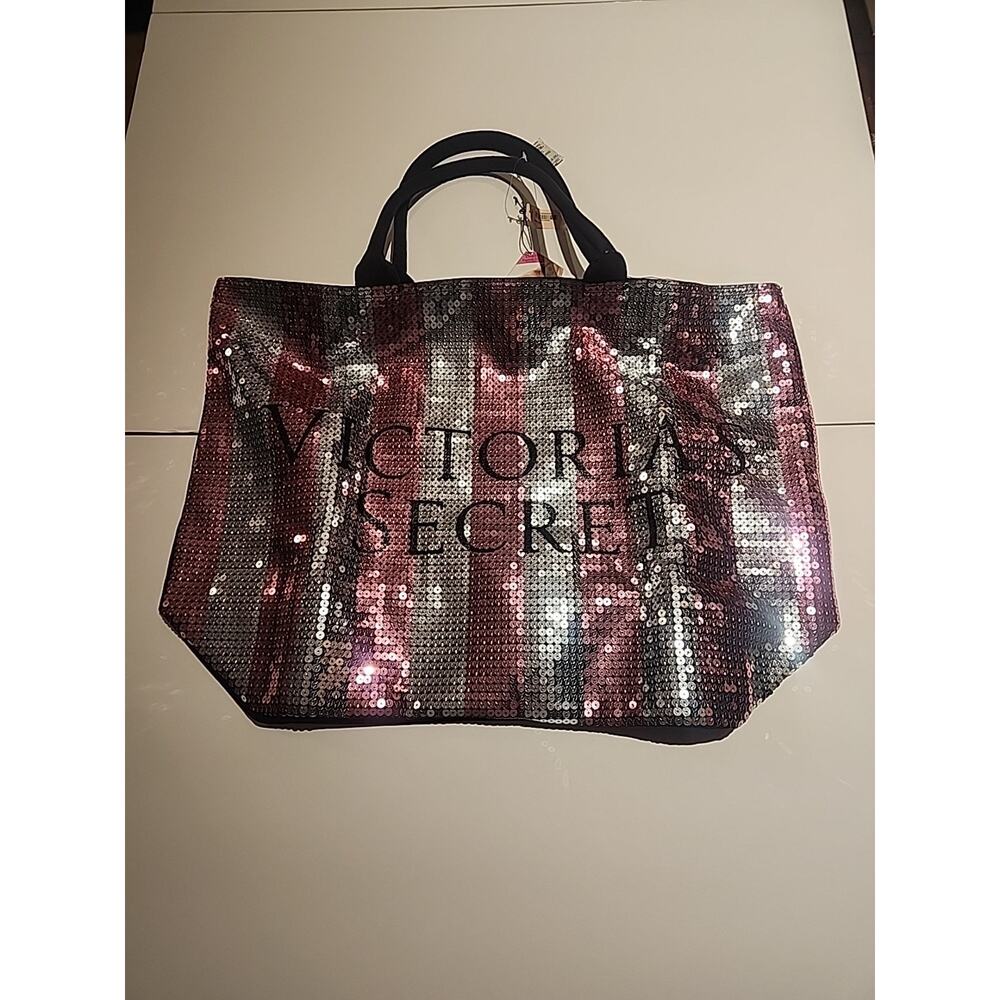 VICTORIAS SECRET PINK LG pink silver glittery tote bag double handles w/logo NWT